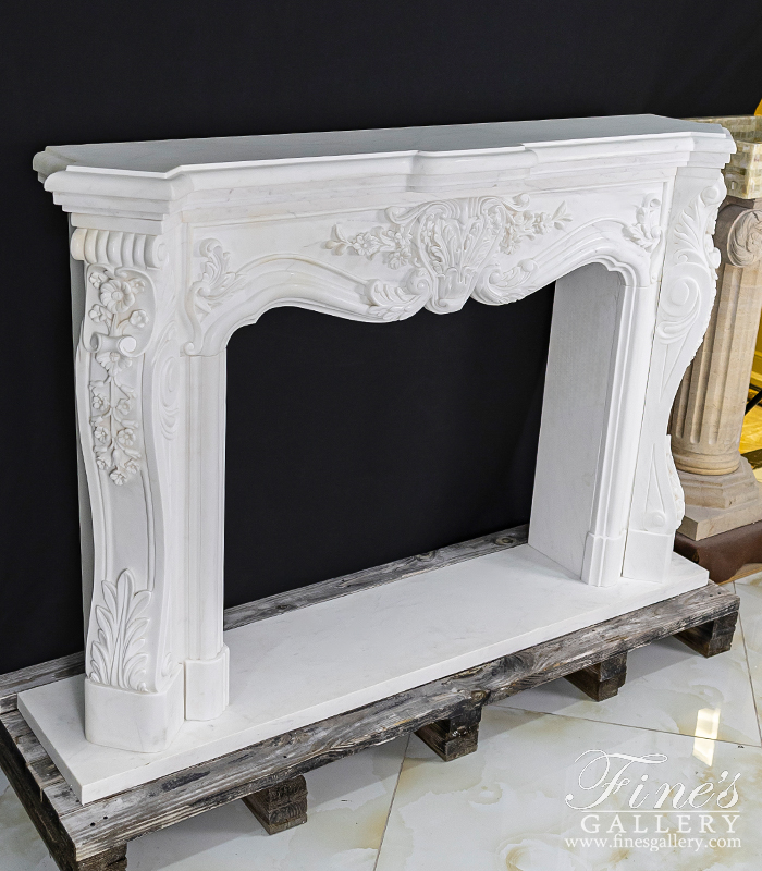 Marble Fireplaces  - Ornate Floral Fireplace In Statuary White Marble - MFP-1140